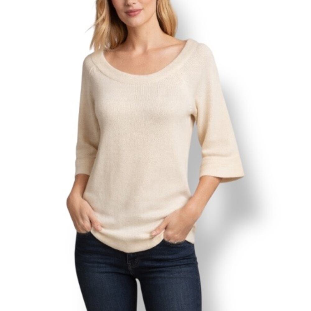 Strenesse Cream Cashmere Scoop Neck 3/4 Sleeve Sweater Knit Top Minimalist 6